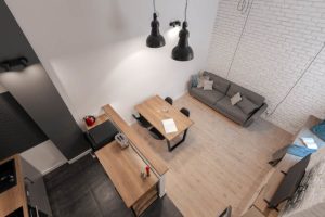 Salón y cocina de un apartamento vistos desde arriba